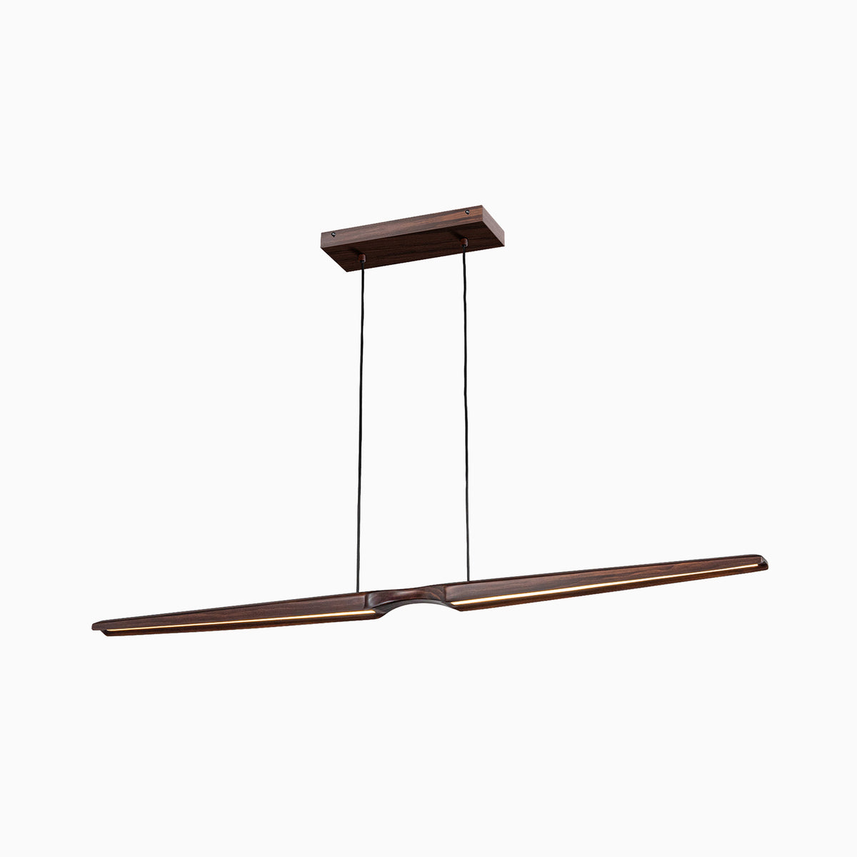 Modern brown wood linear LED pendant light with integrated warm light strip, suspended by two black cords from a rectangular canopy.
