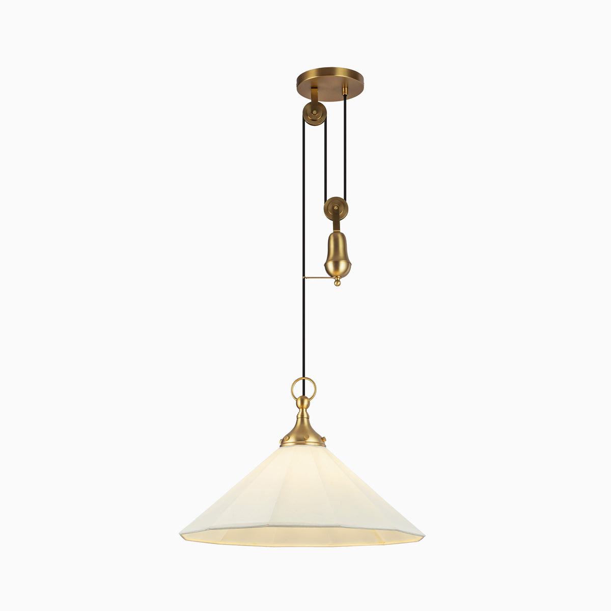 Brushed gold pulley pendant light with a white linen tapered shade, featuring dual black suspension cords and a classic adjustable counterweight design.