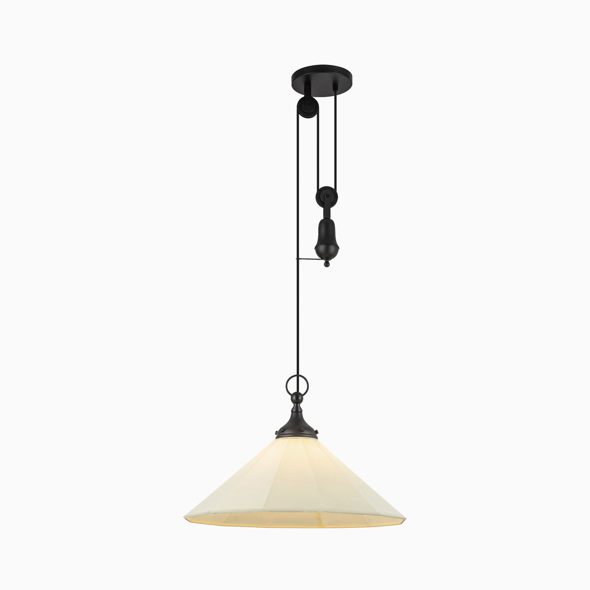Matte black pulley pendant light with a white linen tapered shade, adjustable cord detailing, and matching round canopy.