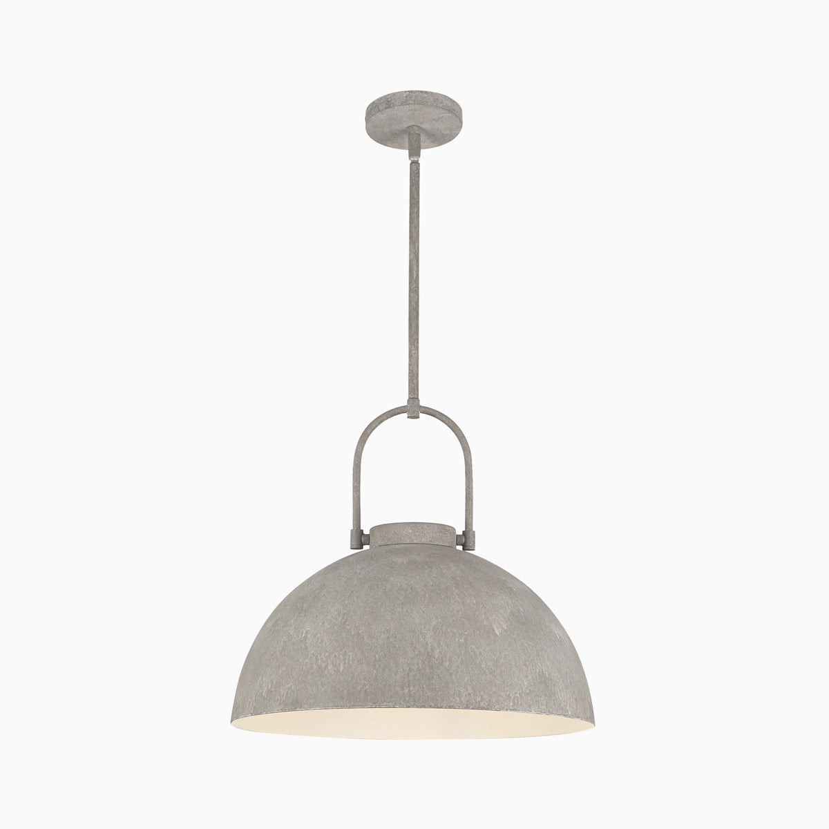 Steel dome pendant light with a textured metal shade and matching metal suspension.