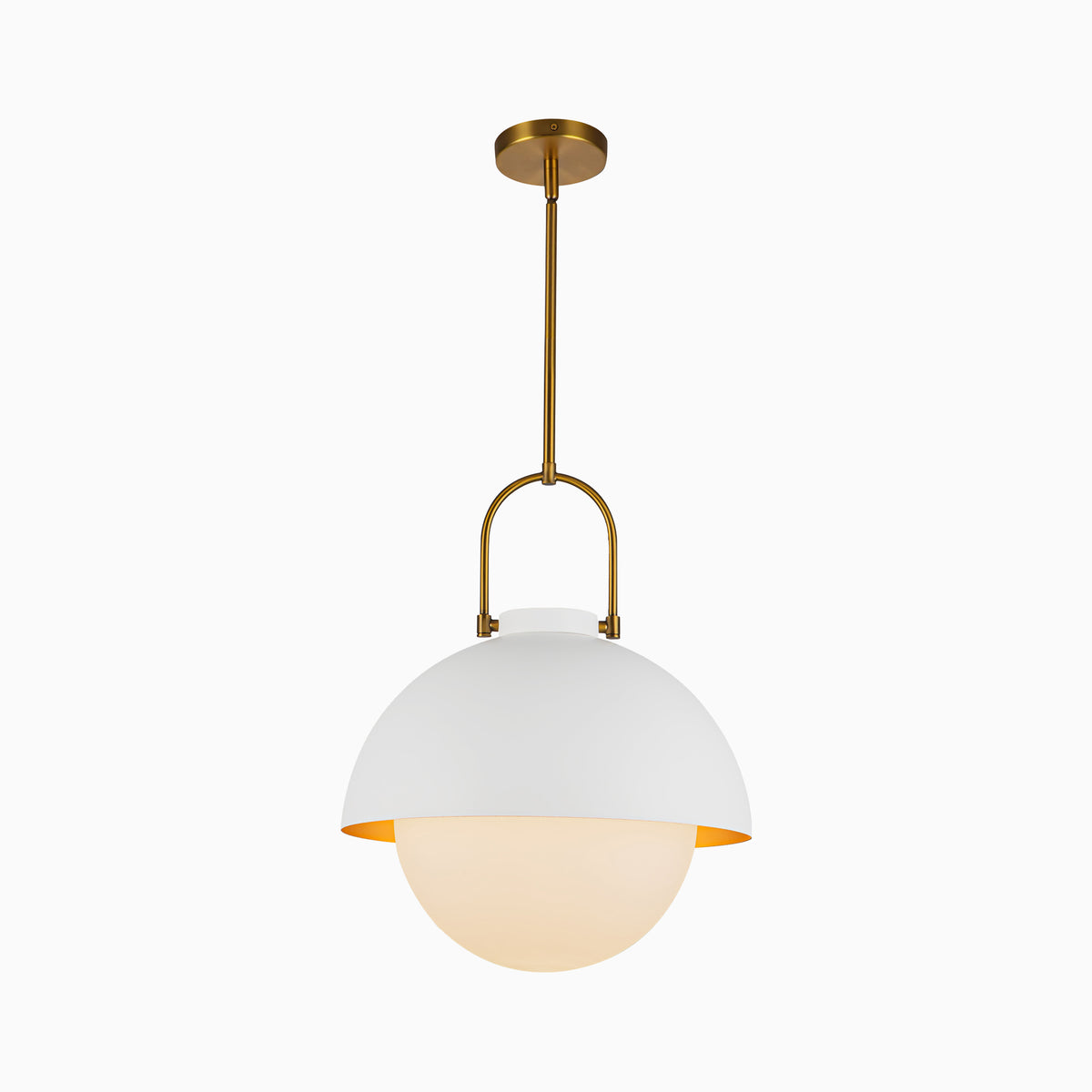 White opal glass globe pendant light with a dome shade and brushed gold metal suspension.