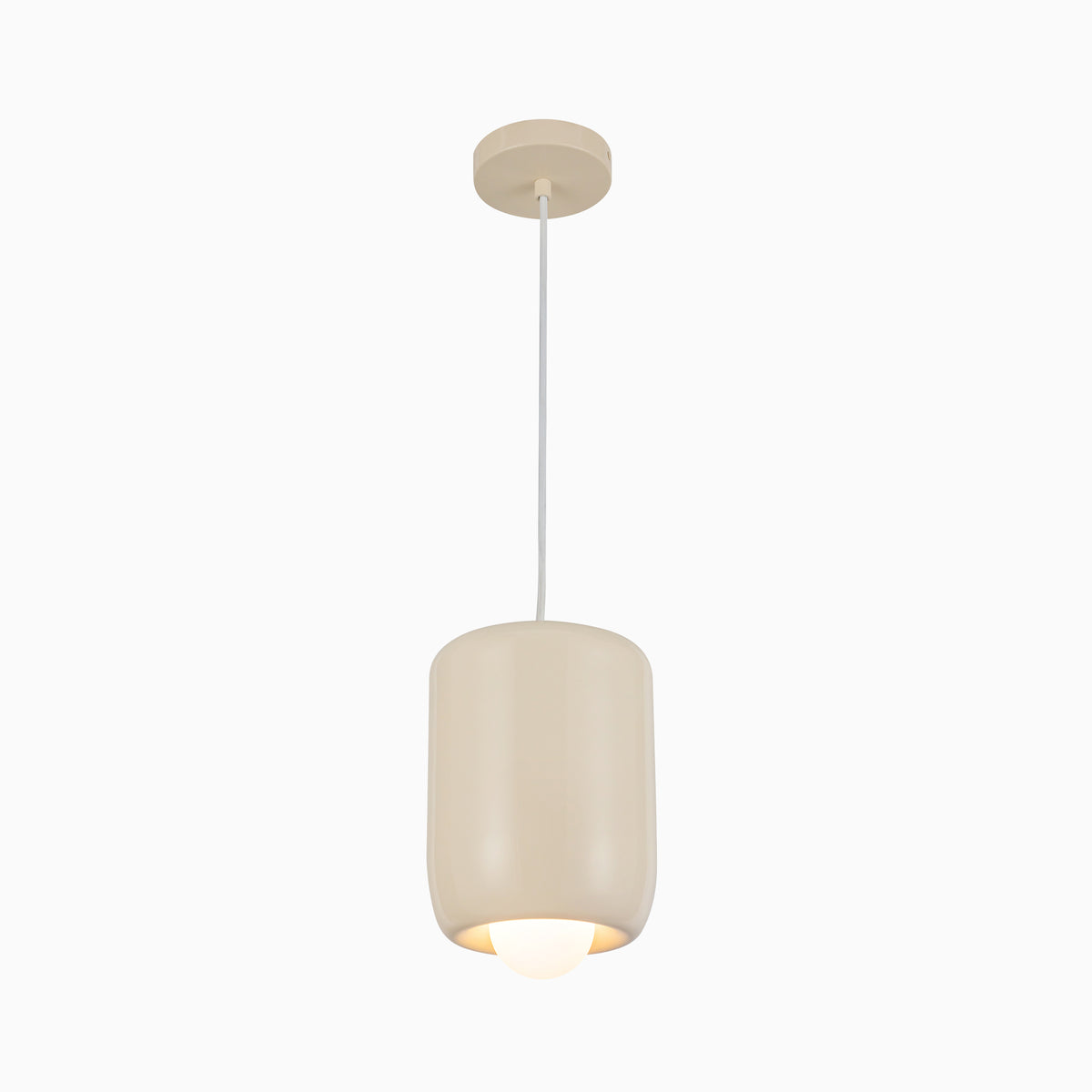 Pearl white cylindrical pendant light with a smooth matte finish, suspended from a round ceiling canopy, featuring a softly glowing frosted bulb underneath.