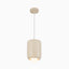 Pearl white cylindrical pendant light with a smooth matte finish, suspended from a round ceiling canopy, featuring a softly glowing frosted bulb underneath.