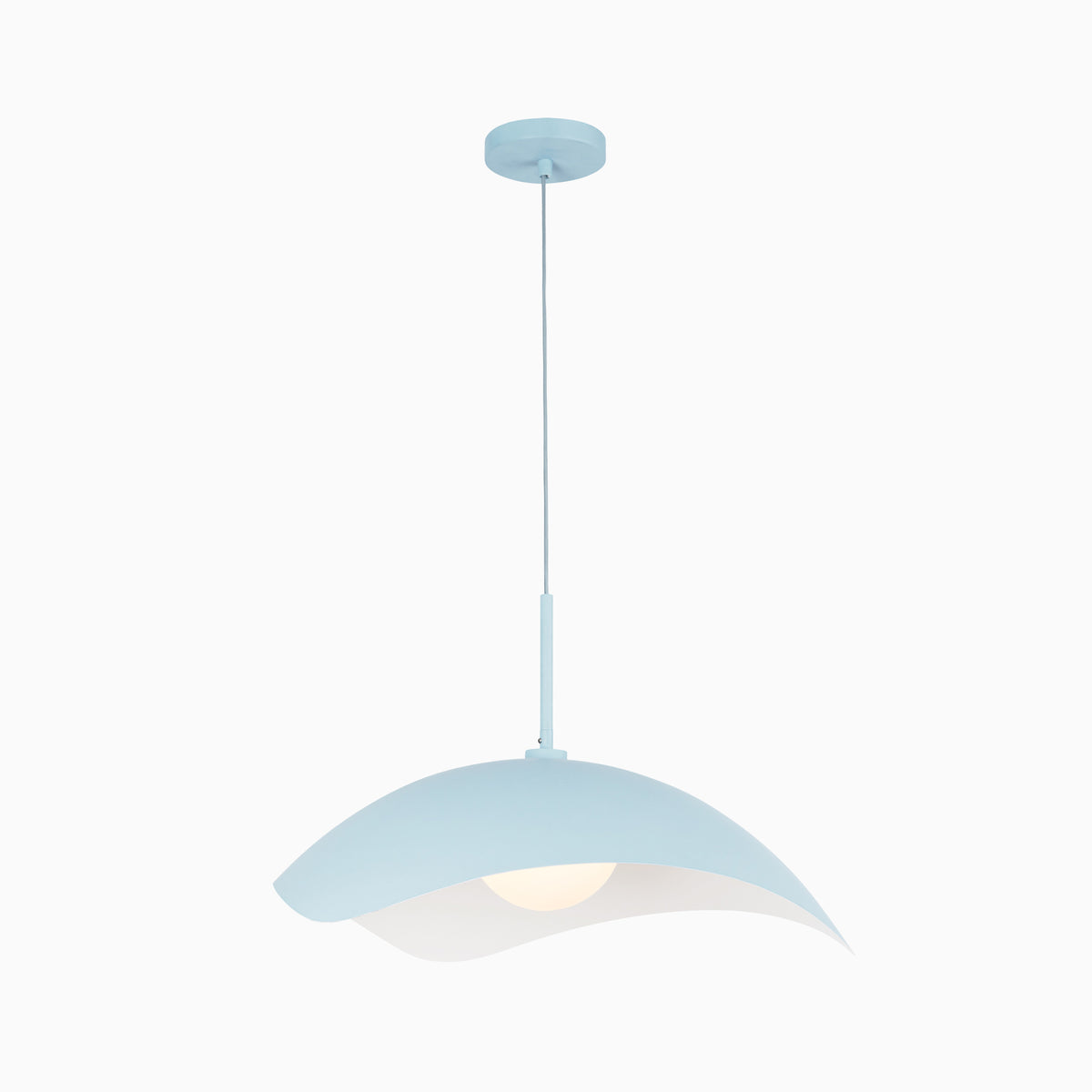 Light blue socket pendant light with a sculptural curved metal shade and soft white diffuser beneath, creating a smooth wave-like silhouette suited for modern kitchens or dining areas.