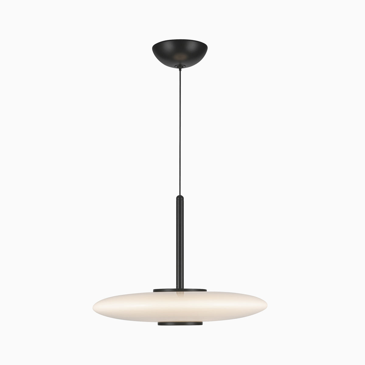Modern LED pendant with a matte black suspension rod and frosted glass disc shade, creating a sleek low profile silhouette that spreads gentle light indoors.