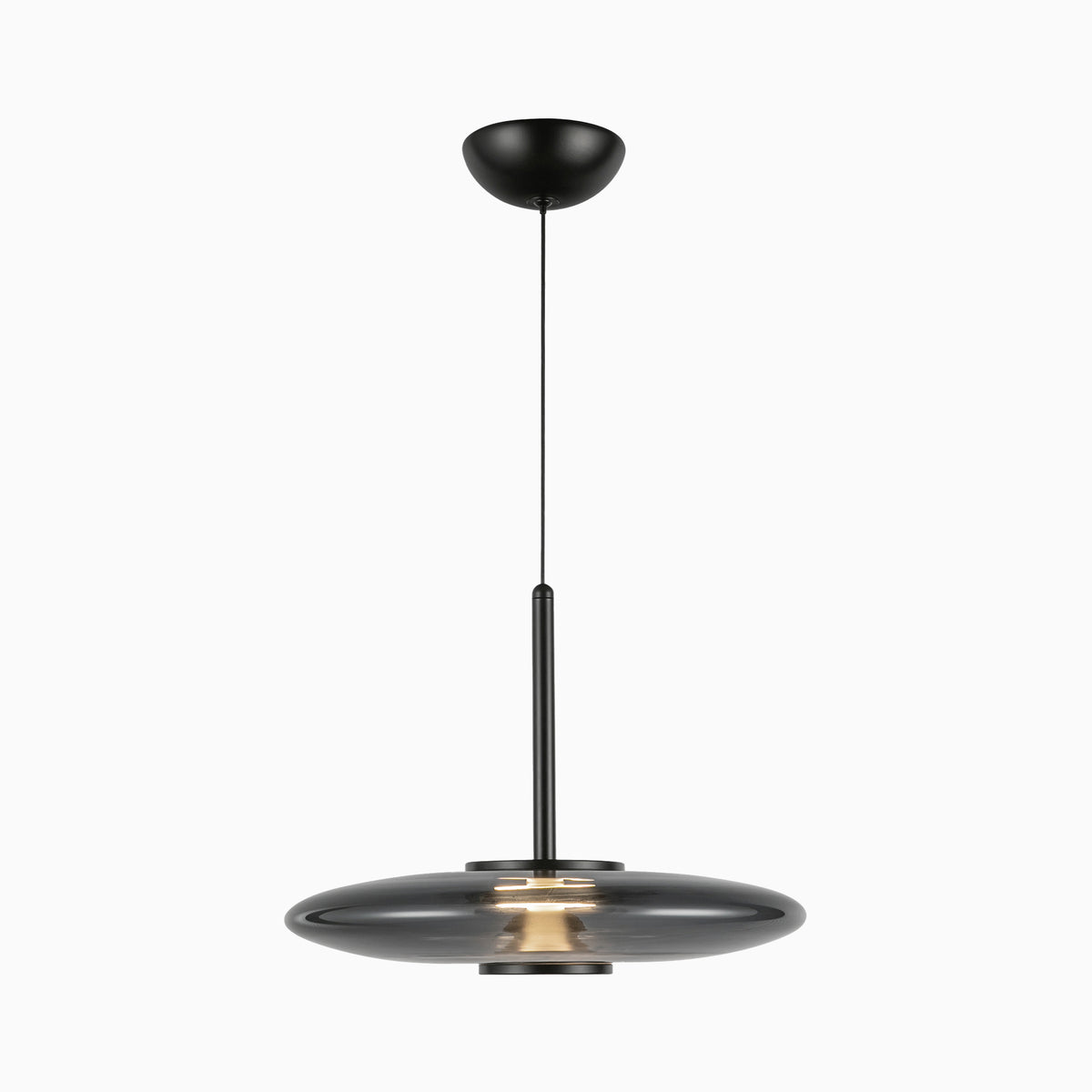 Matte black LED pendant light with a slim vertical rod and smoked glass disc shade, offering a floating modern design that softly spreads light above dining tables or seating areas.
