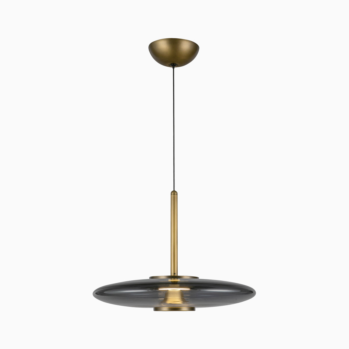Modern LED pendant with a brushed gold suspension rod and wide smoked glass disc shade, creating a low profile silhouette that spreads soft light across contemporary interiors.