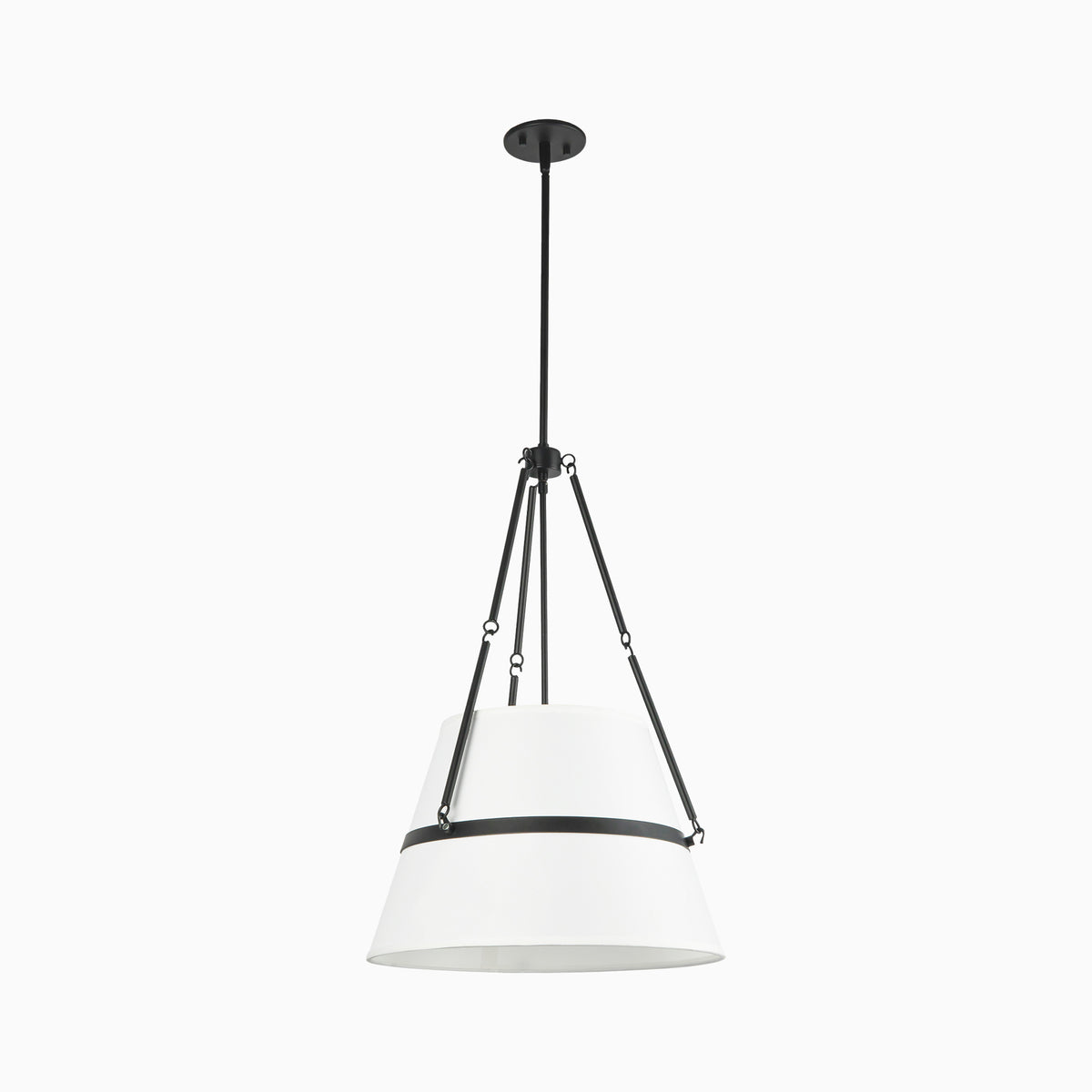 Matte black pendant light featuring a white fabric shade and minimalist rod suspension, delivering warm ambient lighting with a clean modern look.