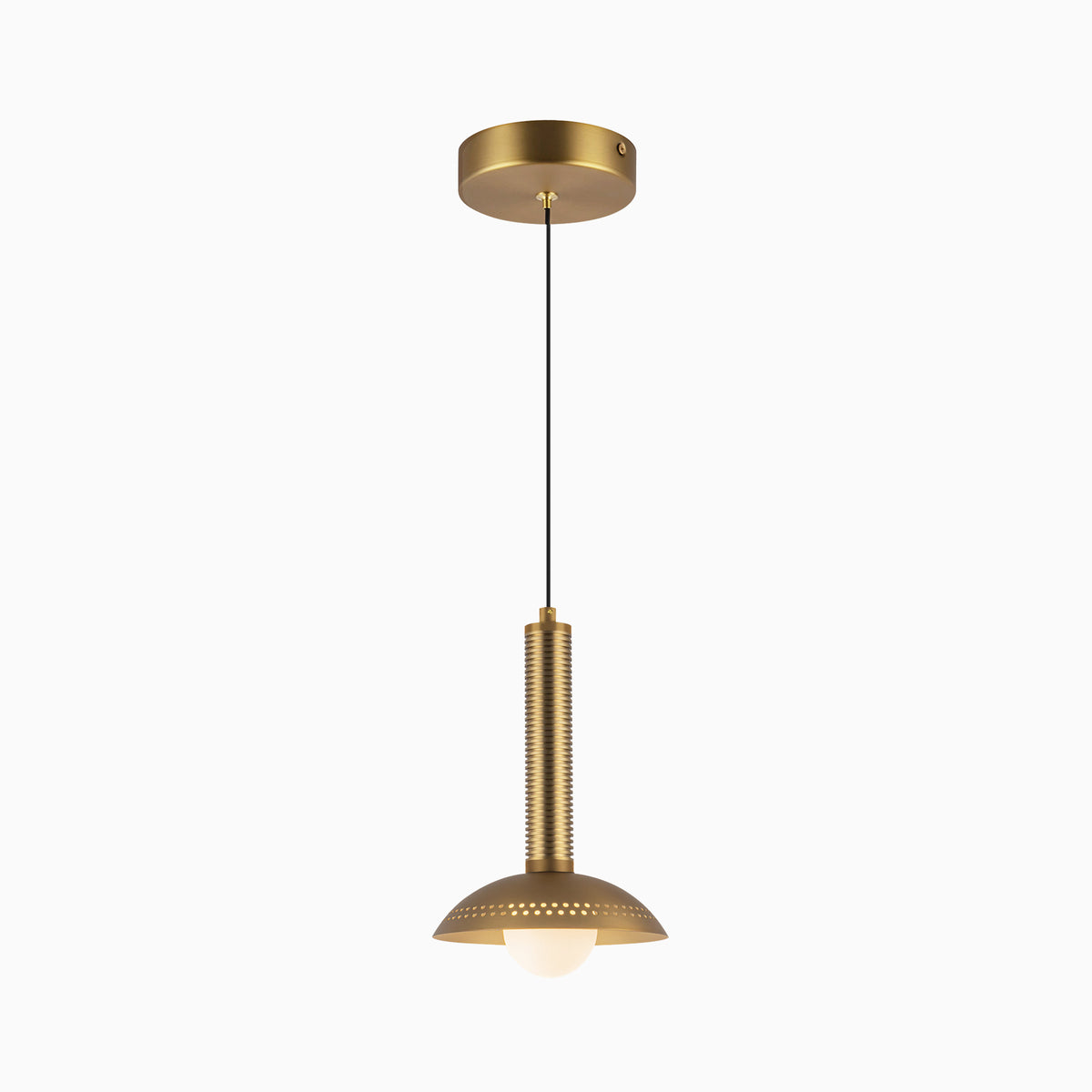 Brushed brass pendant with a ribbed stem and shallow dome shade, featuring a visible globe bulb and subtle perforated detail around the rim