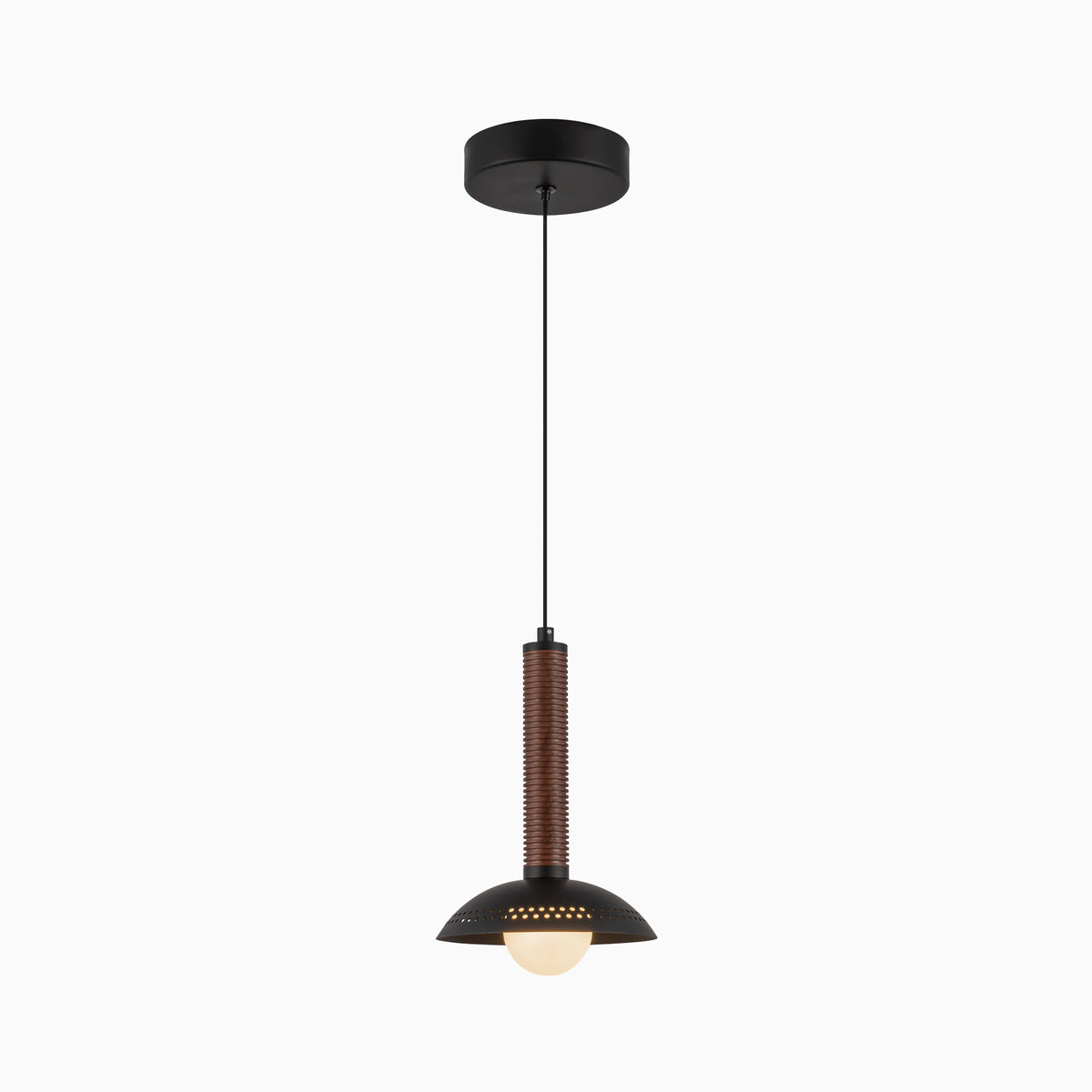 Black pendant with ribbed brown stem and shallow dome shade, featuring a visible globe bulb and subtle perforated detail around the rim