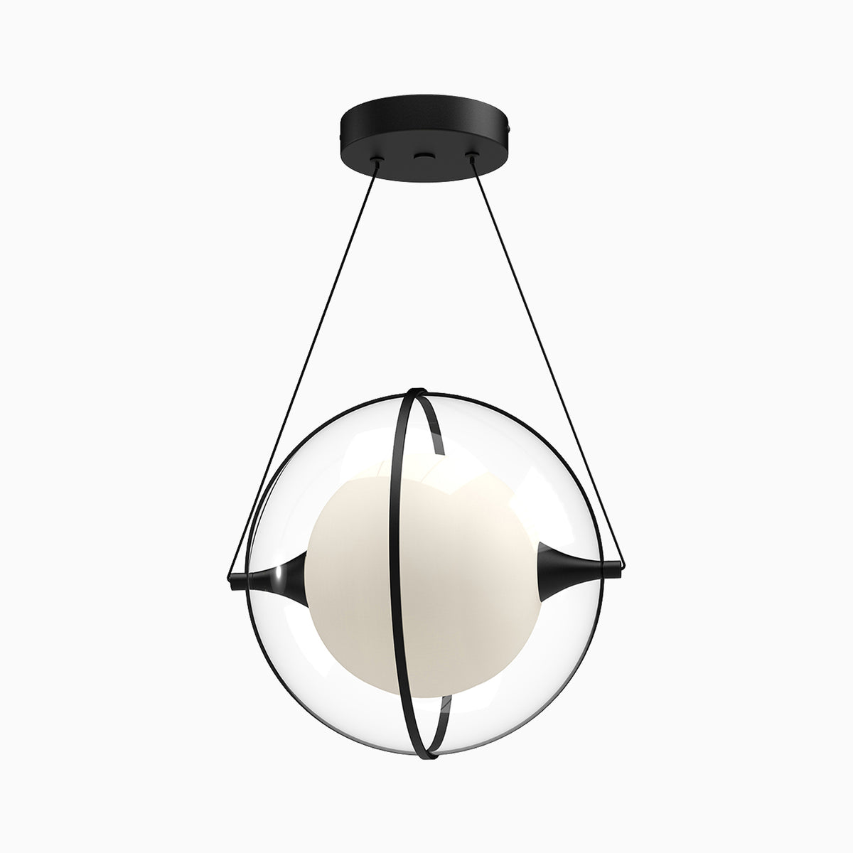 Black pendant with a frosted glass core inside a clear outer globe, framed by slender dark bands that create a sculptural, planetary silhouette