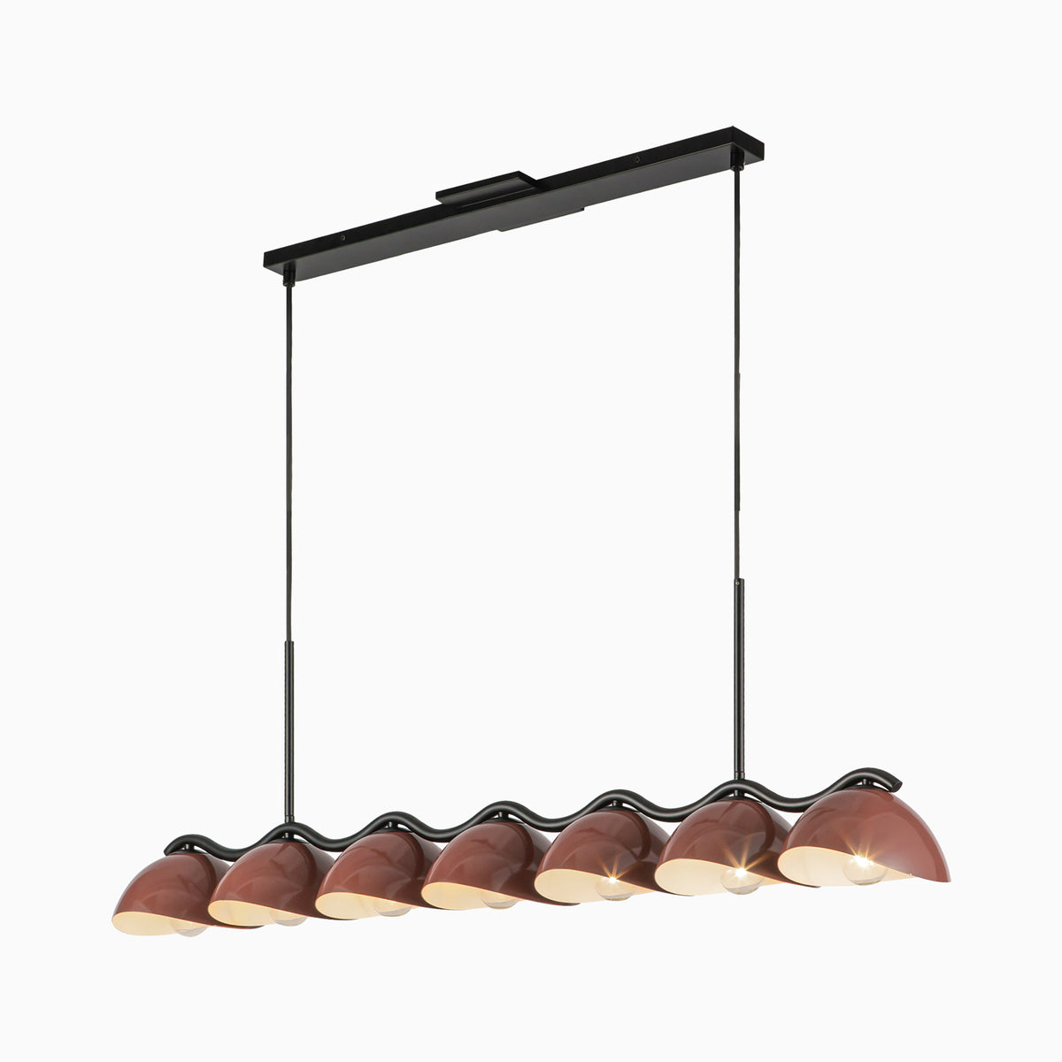 Linear pendant light with seven glossy purplish, dark red dome shades and sculptural black wave frame in a modern design.