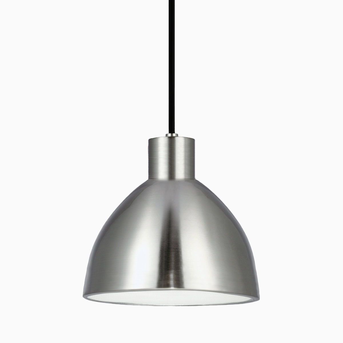 Silver brushed nickel dome pendant light with a satin finish, matching brushed nickel canopy, and black cord.