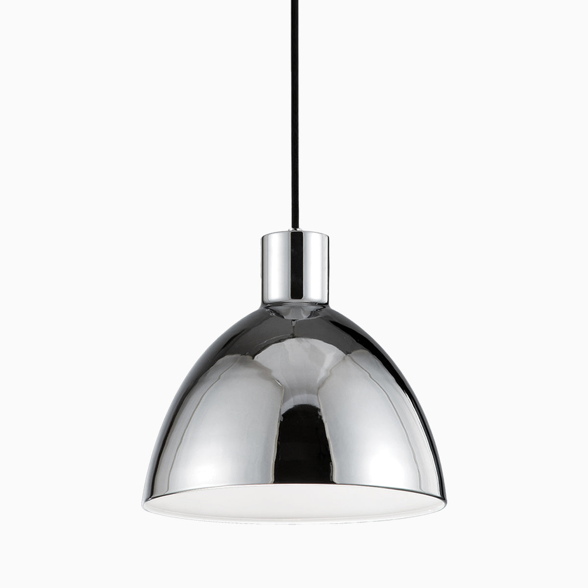 Chrome dome pendant light with a high-gloss reflective finish, chrome canopy, and black cord.