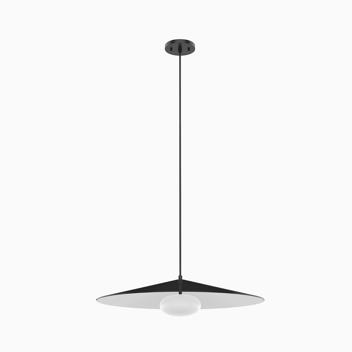 Modern metal LED pendant light with a wide black disc shade, integrated white globe diffuser, and slim black suspension rod with matching canopy.