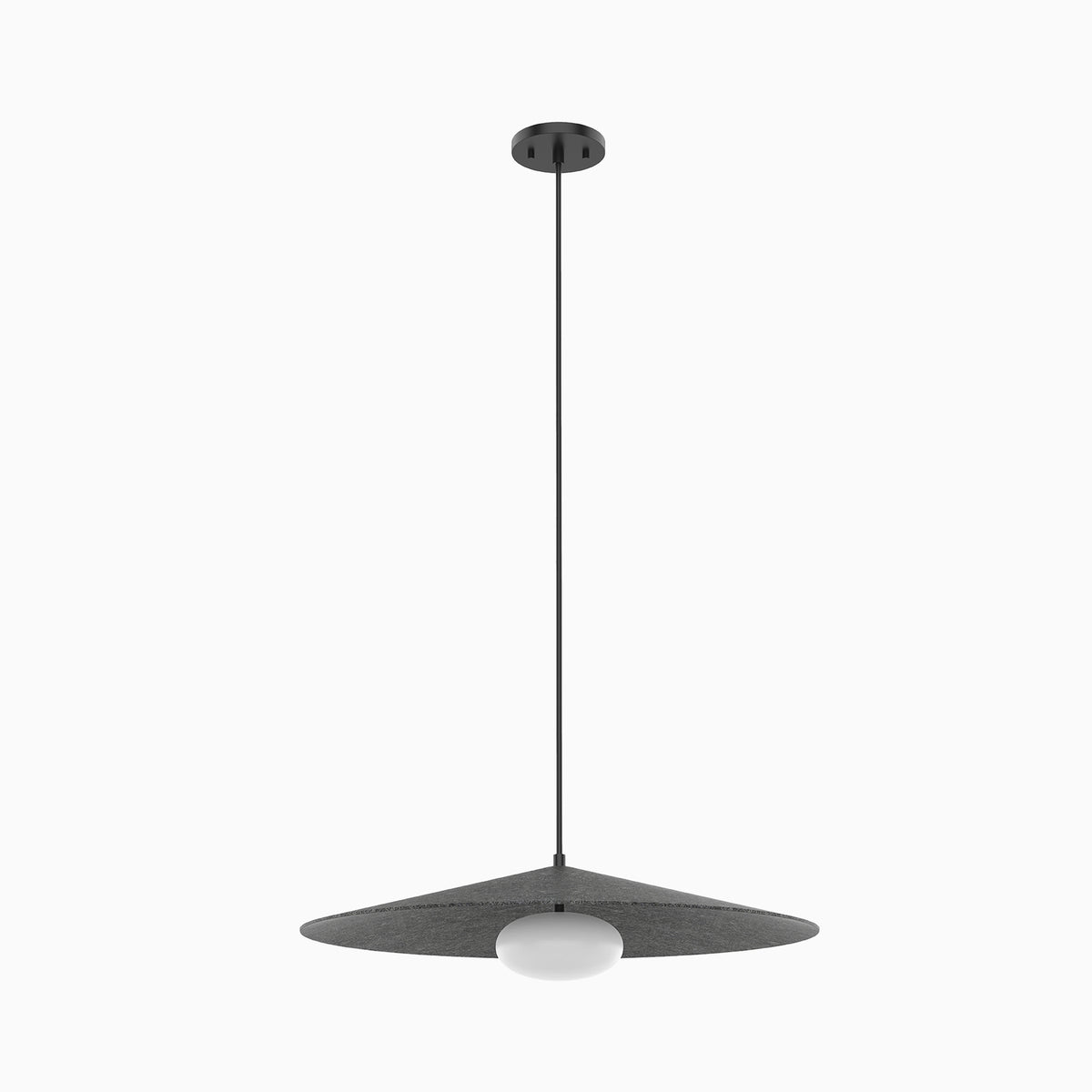 Modern pendant light with a wide gray felt shade, white globe diffuser, and slim black suspension rod with matching canopy.