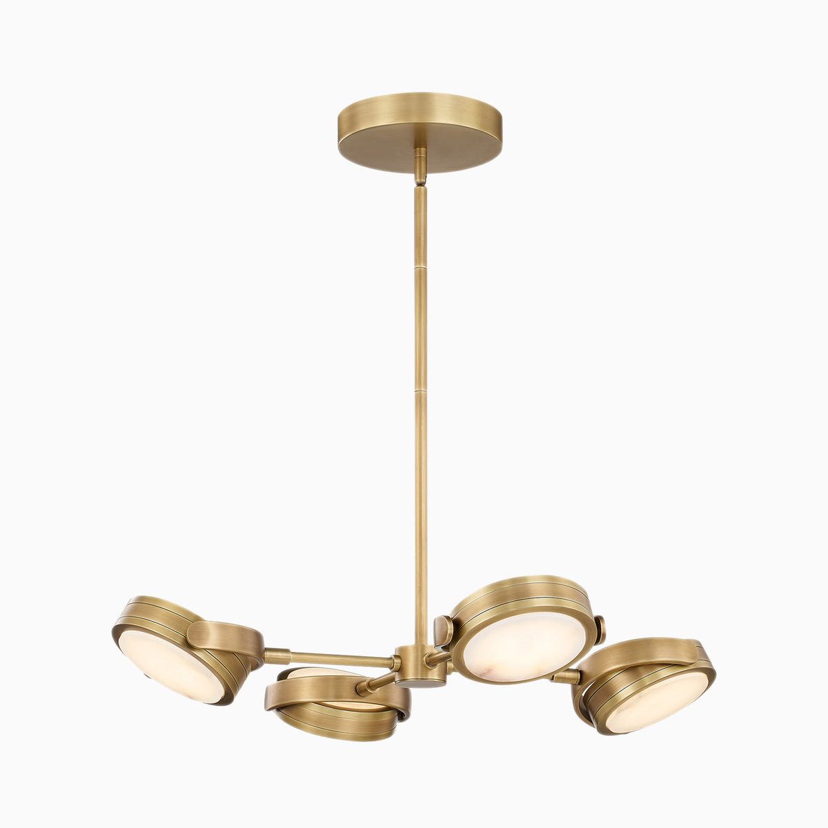 Modern LED pendant with brushed gold finish and four adjustable round light heads.