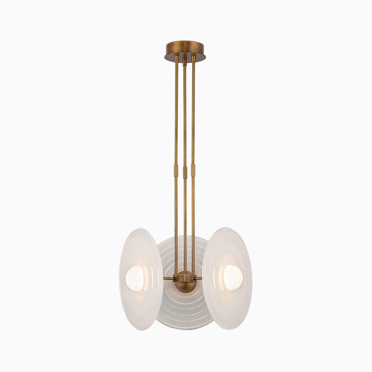 Vintage brass pendant light with three glossy opal glass disc shades and integrated LED bulbs.