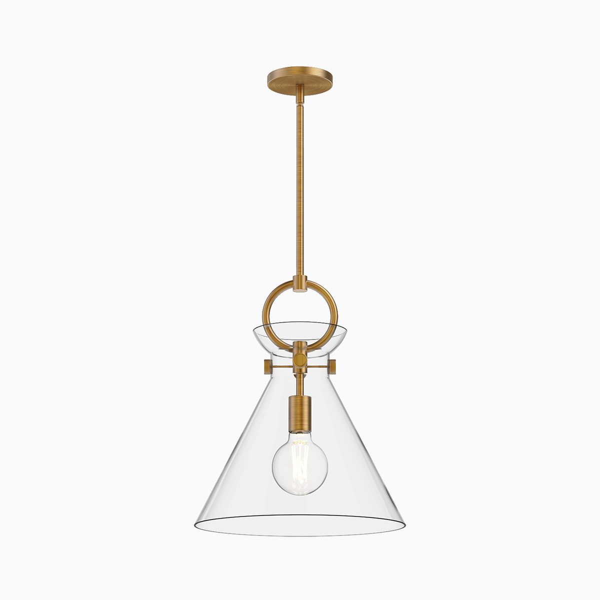 Aged gold pendant light with clear glass conical shade and exposed bulb suspended from a slim ceiling rod.