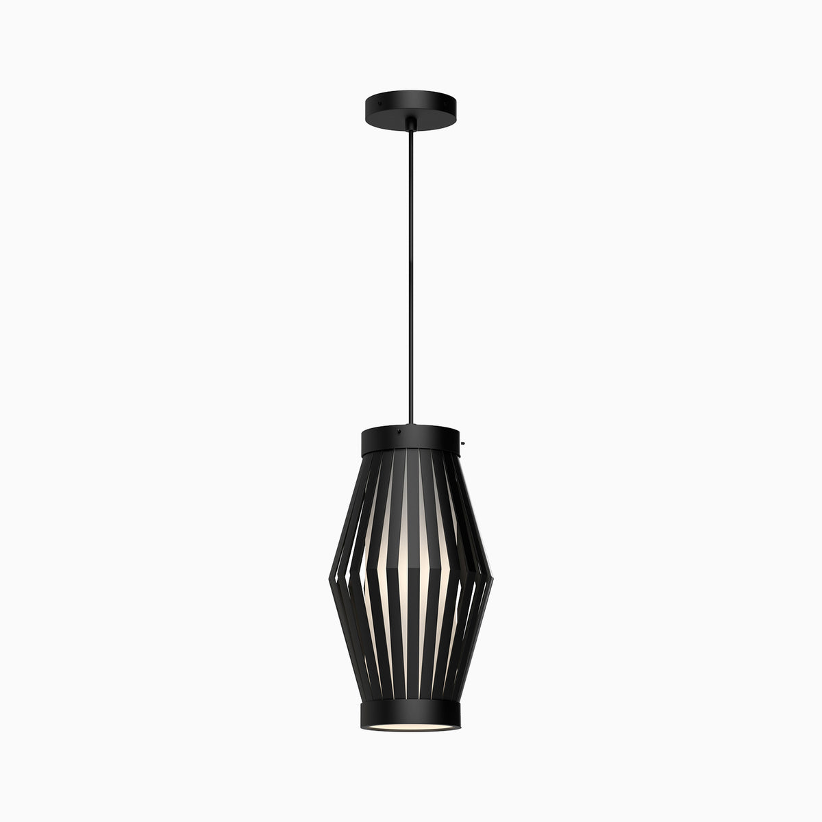 Matte black pendant light with geometric slatted frame and opal matte glass inner diffuser suspended from a slim cord.