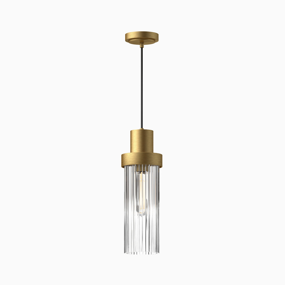 Modern pendant light in brushed gold with a cylindrical top and vertical clear glass rod shade, forming a layered silhouette that softly reflects light in contemporary spaces.