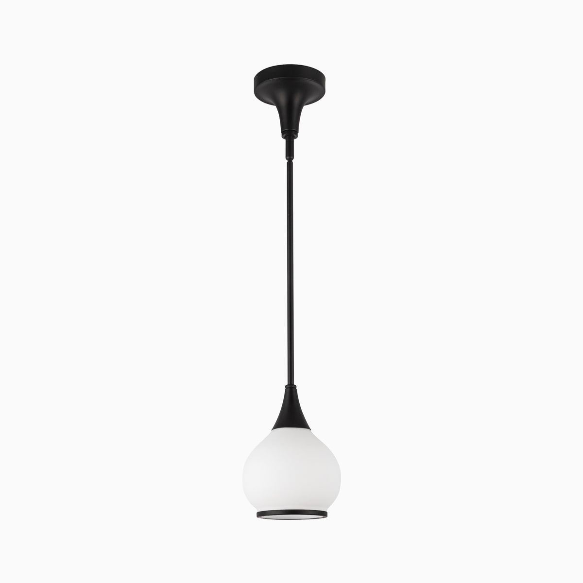 Matte black pendant light with long slender stem and matte opal glass globe shade.