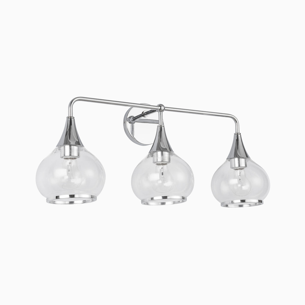 Chrome three-light wall sconce with clear glass globe shades.