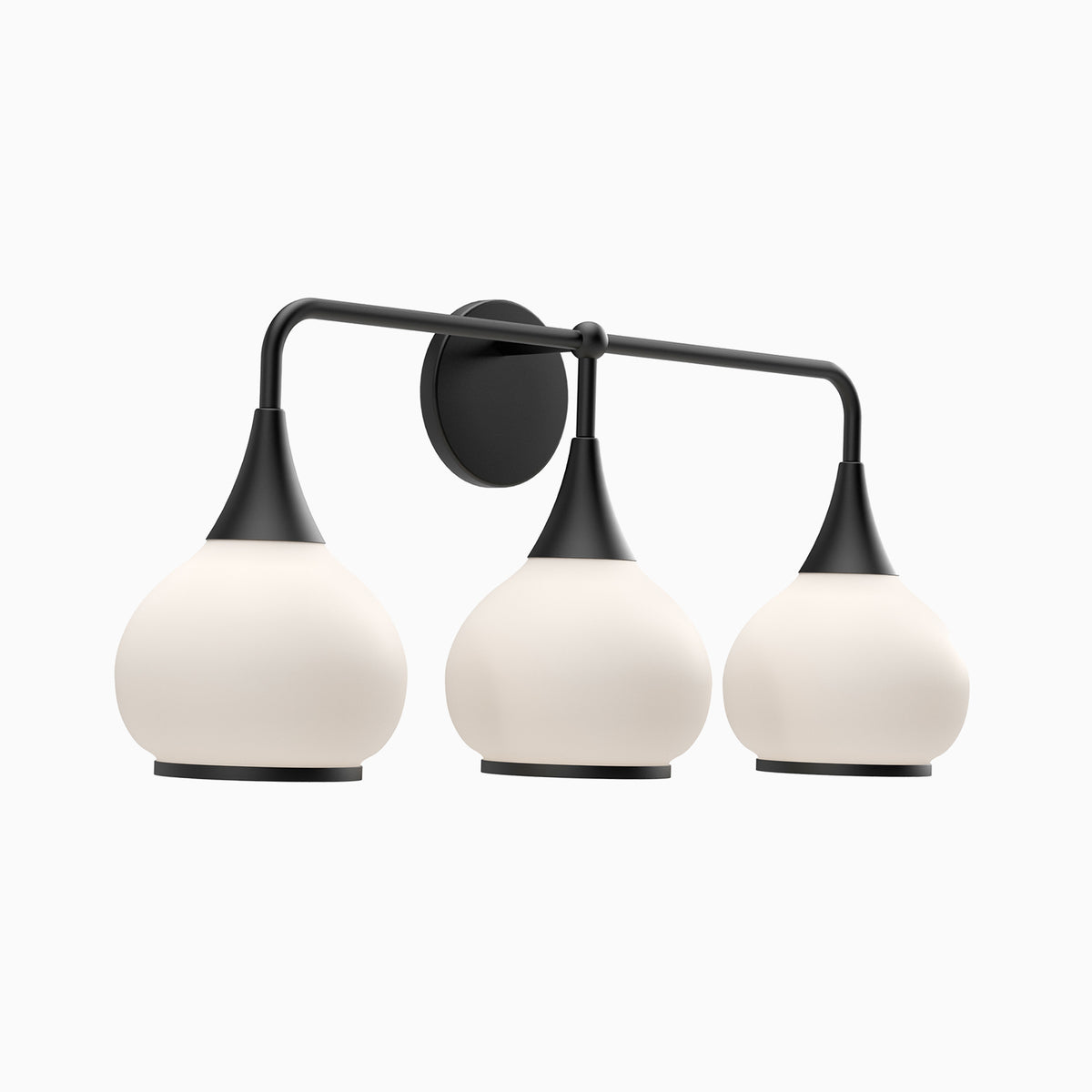 Matte black three-light wall sconce with opal glass globe shades.