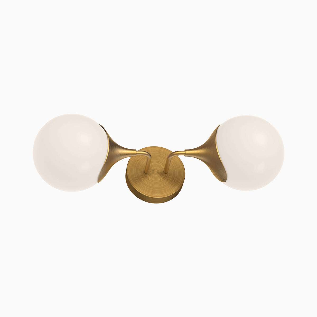 Brushed gold two light vanity wall fixture with curved arms and frosted glass globe shades, creating balanced illumination and a sculptural look for modern bathroom mirrors.