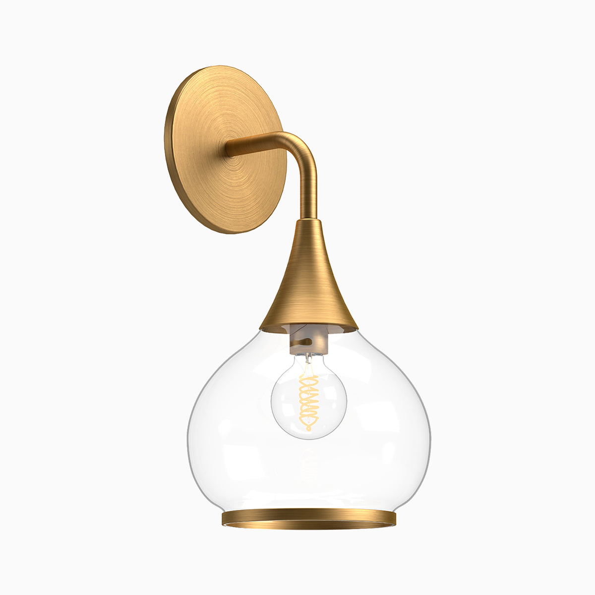 Aged gold wall sconce with curved arm and clear glass globe shade.