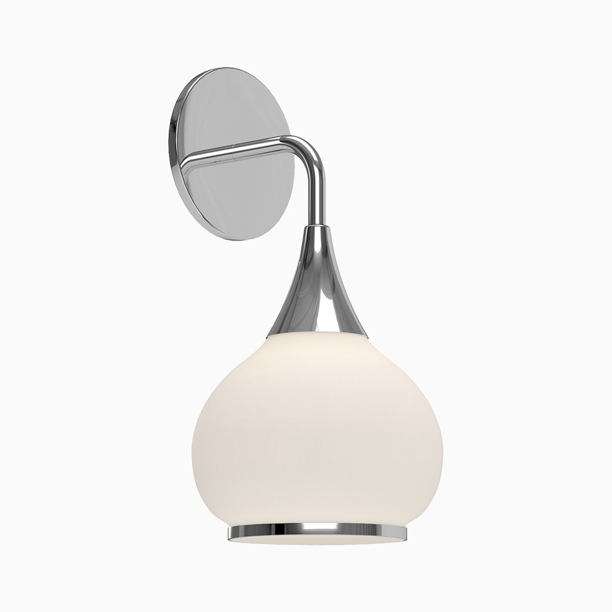 Chrome wall sconce with curved arm and round backplate, featuring a rounded opal matte glass shade.