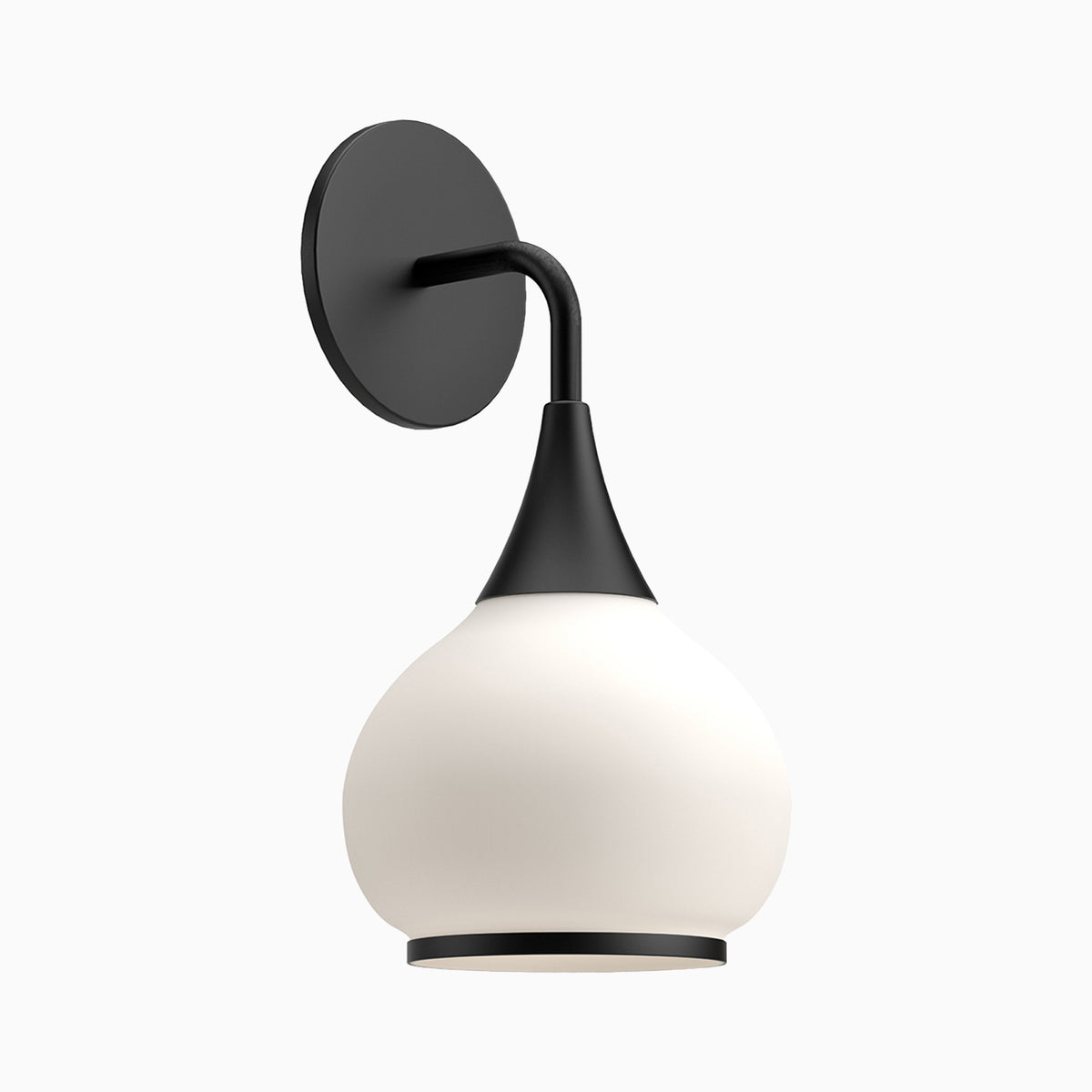 Matte black wall sconce with curved arm and round backplate, paired with a rounded opal glass shade and black trim.