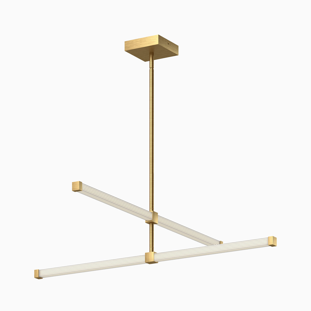Modern LED linear pendant light with gold frame and intersecting illuminated bars.