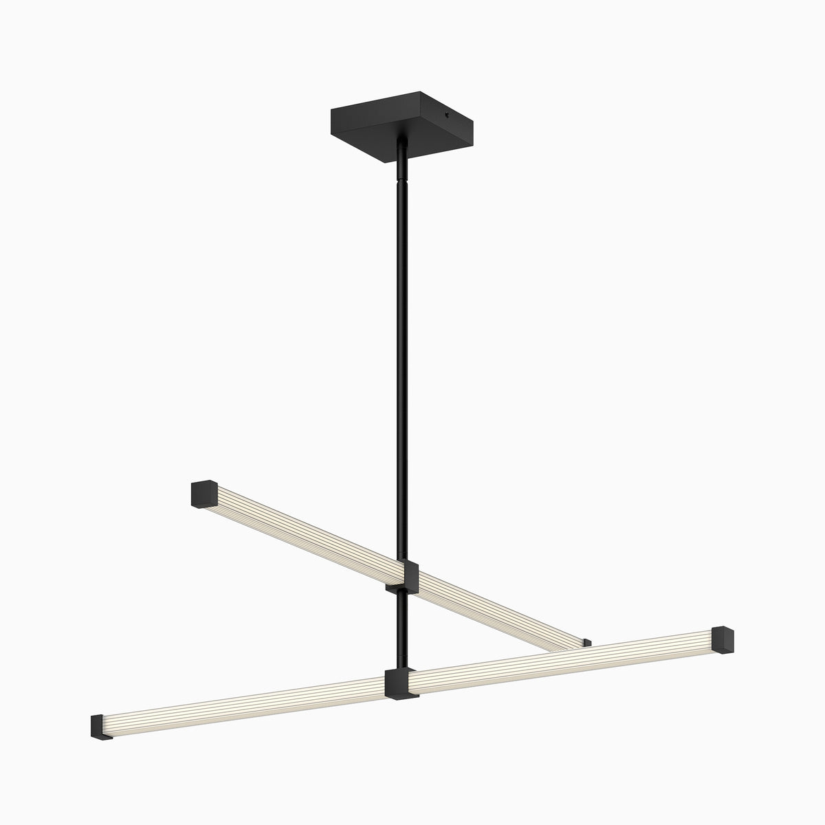 Modern LED linear pendant light with matte black frame and intersecting illuminated bars.