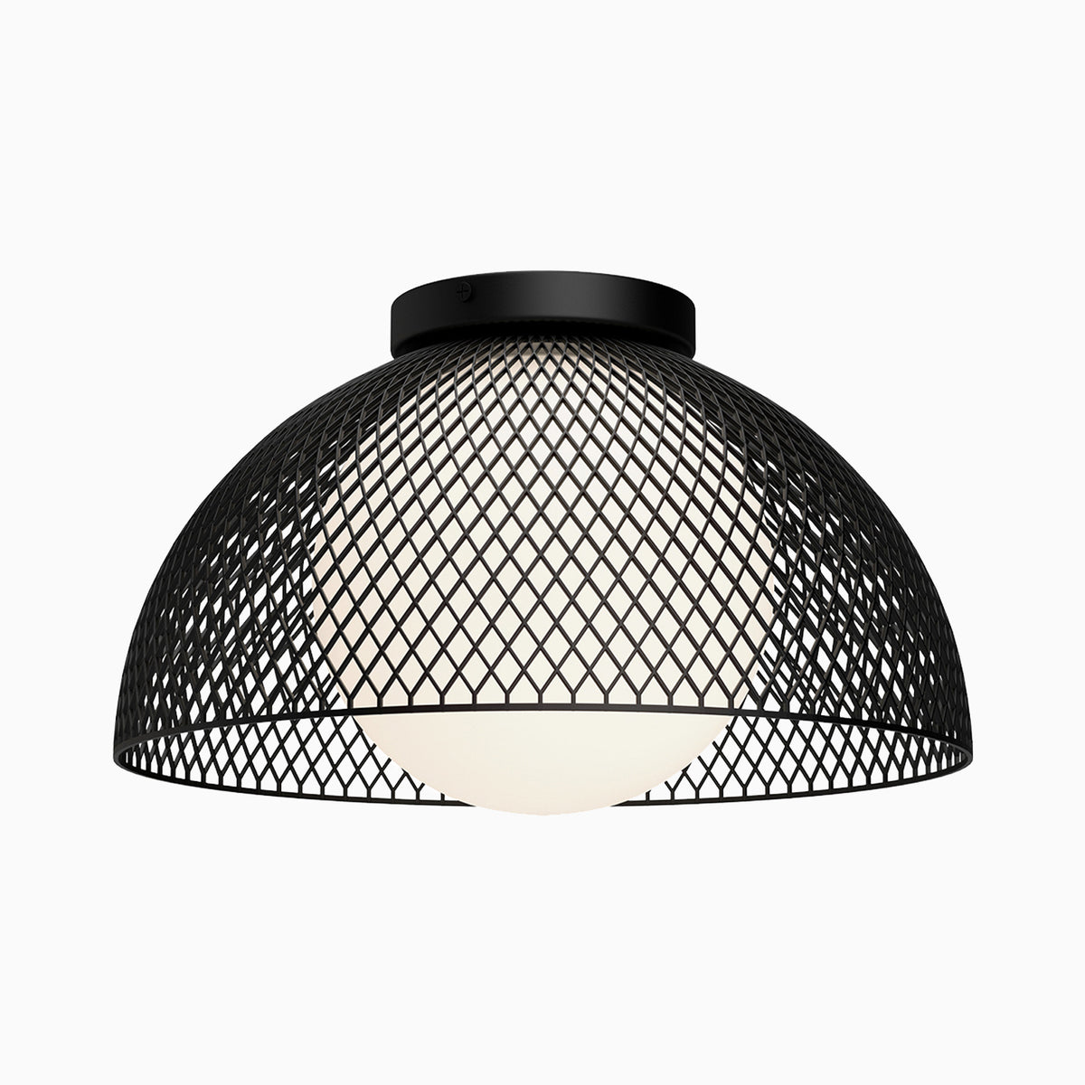 Matte black lattice metal shade with an opal glass globe diffuser.