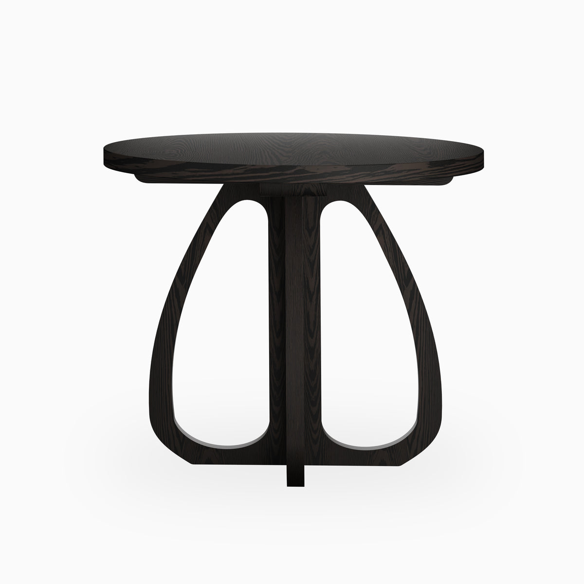 Round black wood dining table with a smooth tabletop and sculptural curved pedestal base, offering a bold, modern statement with organic form.