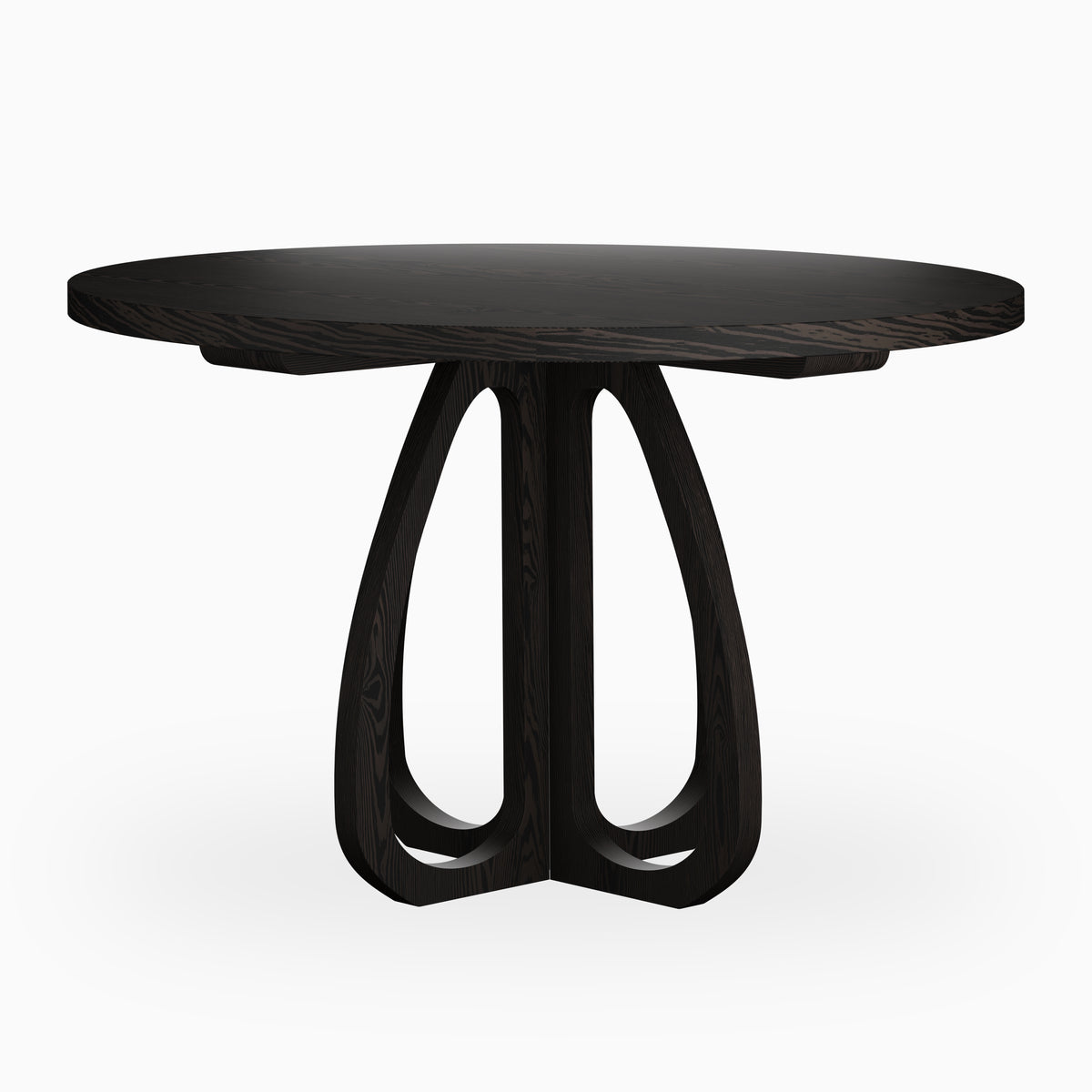 Round black wood dining table with a slim tabletop and sculptural curved pedestal base, featuring open detailing for a refined modern look.