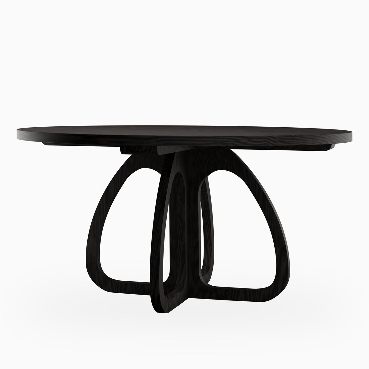 Round black wood dining table with a smooth, slim tabletop and an open sculptural pedestal base featuring curved supports for a modern, minimalist aesthetic.