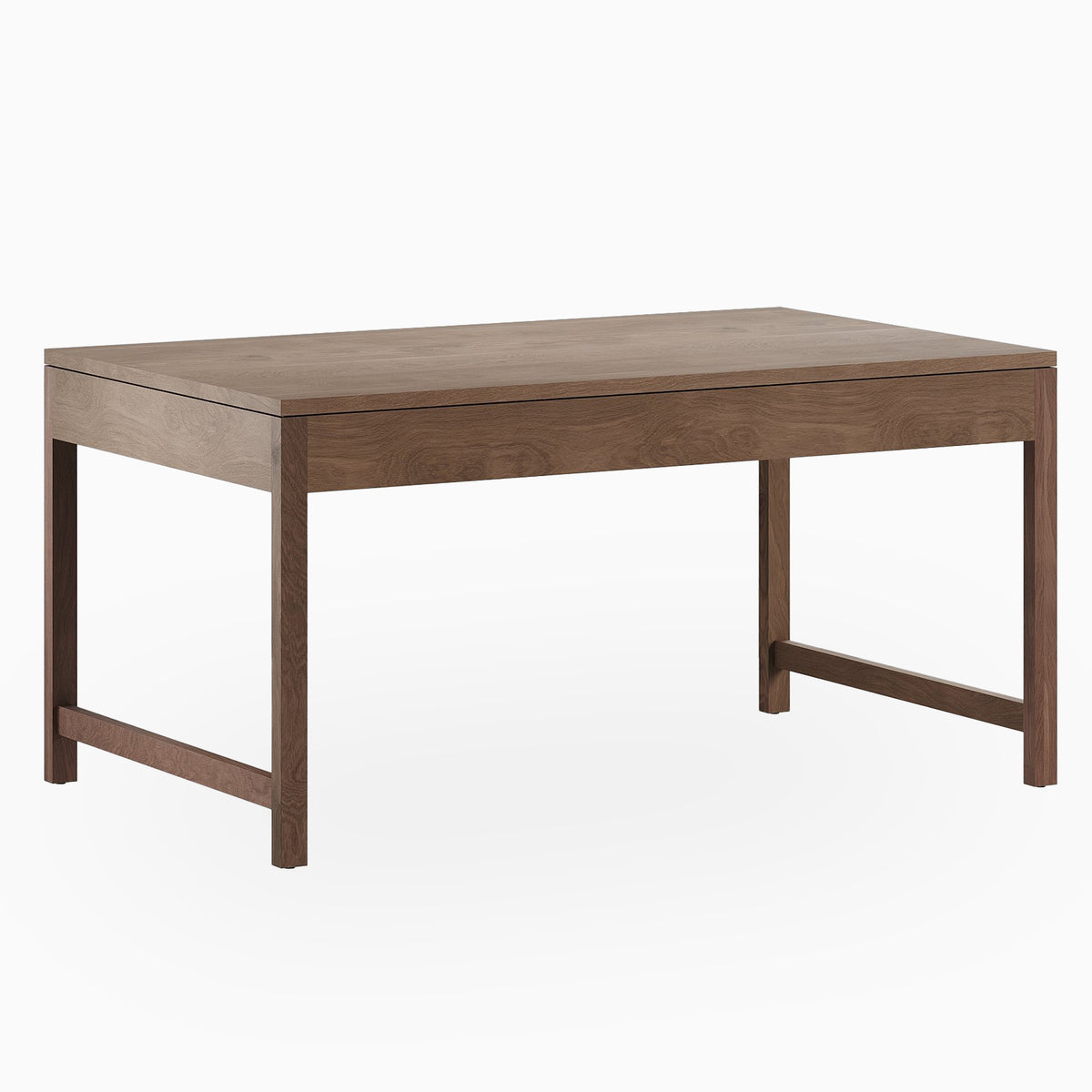 Walnut dining table with a velvety matte finish, shown in a 60" × 36" rectangular form with slender posts joined at the short ends, keeping the profile open and light, ideal for cozy interiors.