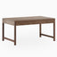 Walnut dining table with a velvety matte finish, shown in a 60" × 36" rectangular form with slender posts joined at the short ends, keeping the profile open and light, ideal for cozy interiors.