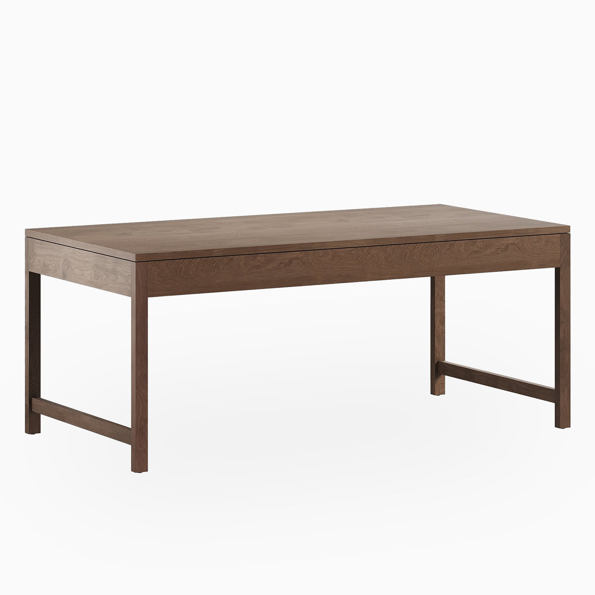 A rectangular walnut dining table with a matte brown finish, set on a minimalist base where slender posts keep the form open and light, pairing well with modern or transitional spaces.