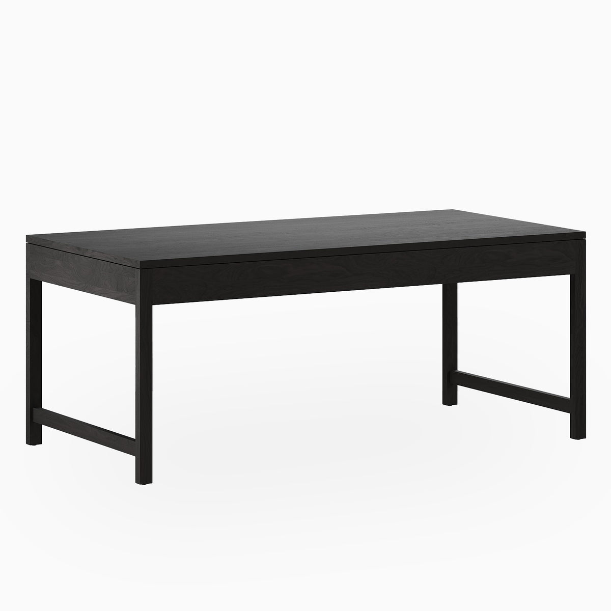 Ash dining table finished in a rich dark brown tone, shown with a streamlined top and minimalist base where slender posts keep it open and light, ideal for clean, modern spaces.