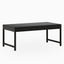 Ash dining table finished in a rich dark brown tone, shown with a streamlined top and minimalist base where slender posts keep it open and light, ideal for clean, modern spaces.