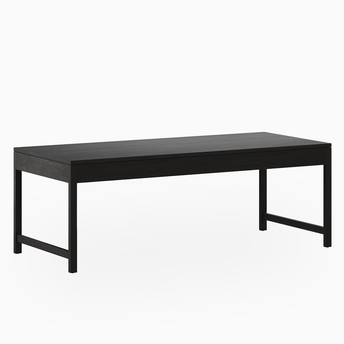 Ash wood dining table finished in deep Wenge, featuring a streamlined rectangular surface and an open base with slim posts connected by short-end stretchers.