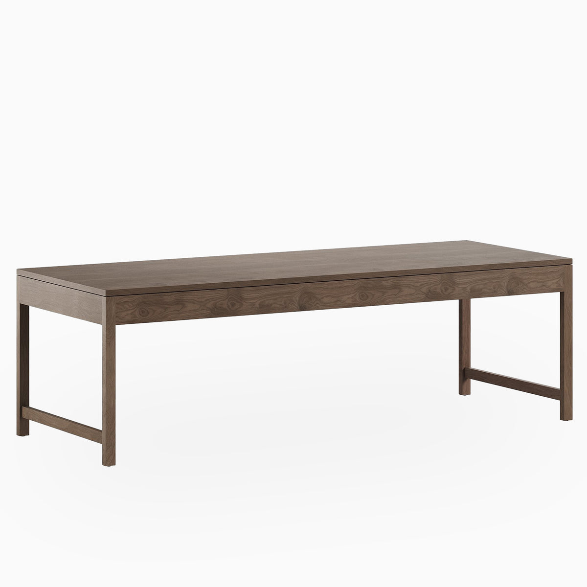 In matte walnut brown, the Thibault Walnut Dining Table, sized at 96" × 36", features a streamlined rectangular top with visible grain and slender posts joined by stretchers at the short ends.