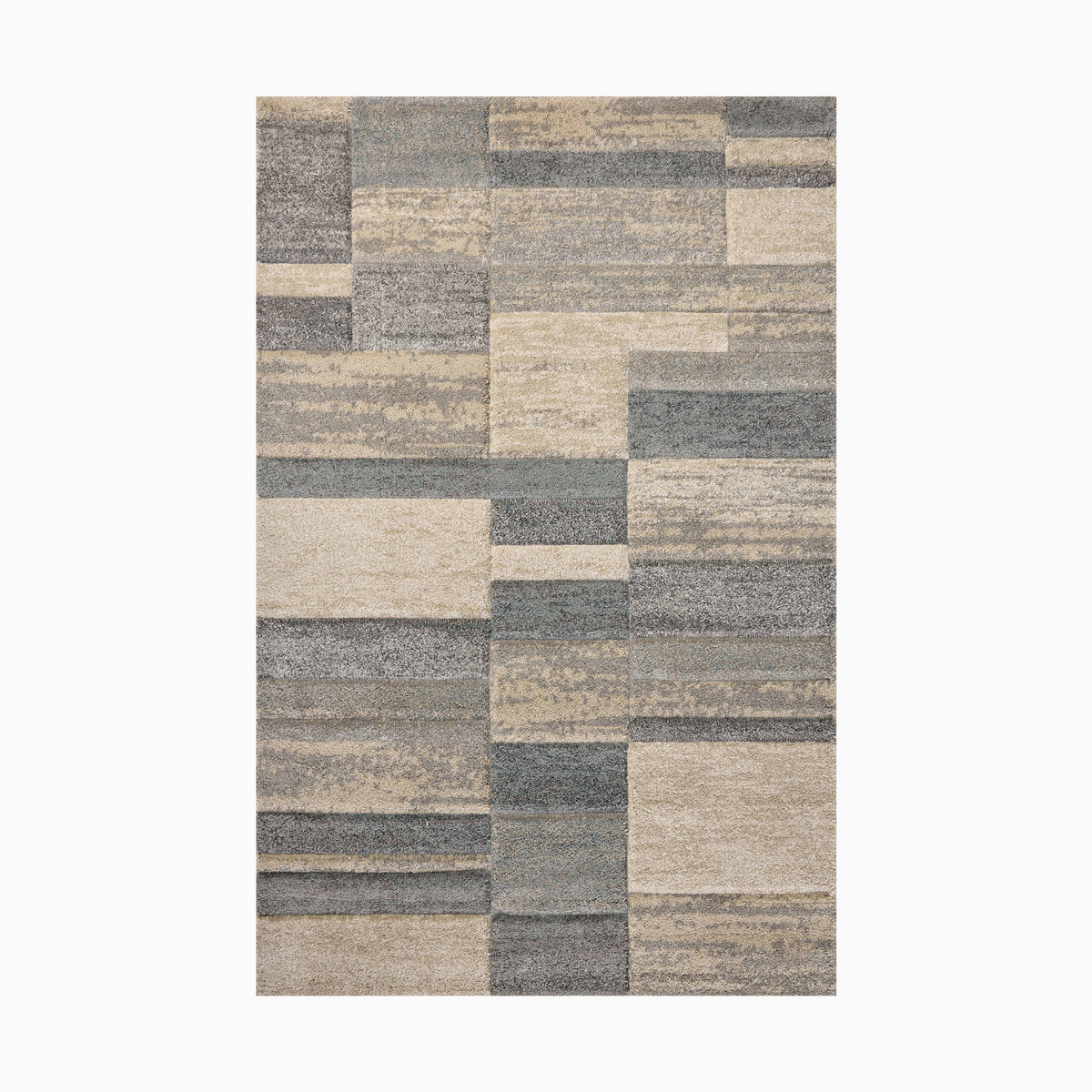 Power loomed area rug from Egypt made of polypropylene with an abstract geometric pattern in neutral beige, gray, and blue tones.