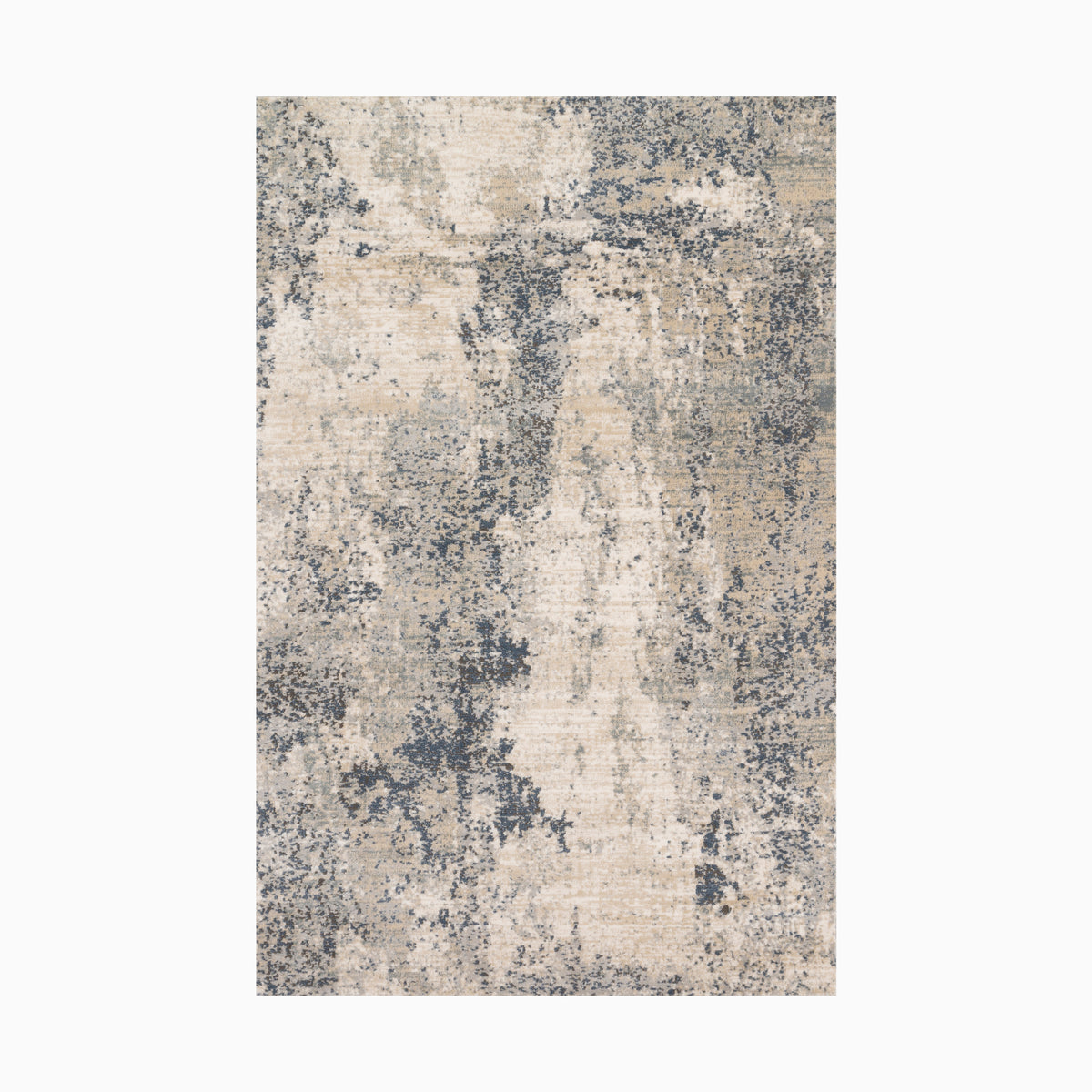 Power loomed area rug made of polypropylene and polyester, featuring a distressed design in soft beige, ivory, and deep blue tones, creating a modern yet vintage-inspired look.
