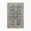 Power loomed area rug made of polypropylene and polyester, featuring an intricate Persian-inspired pattern in distressed navy, beige, and ivory tones for a timeless look.