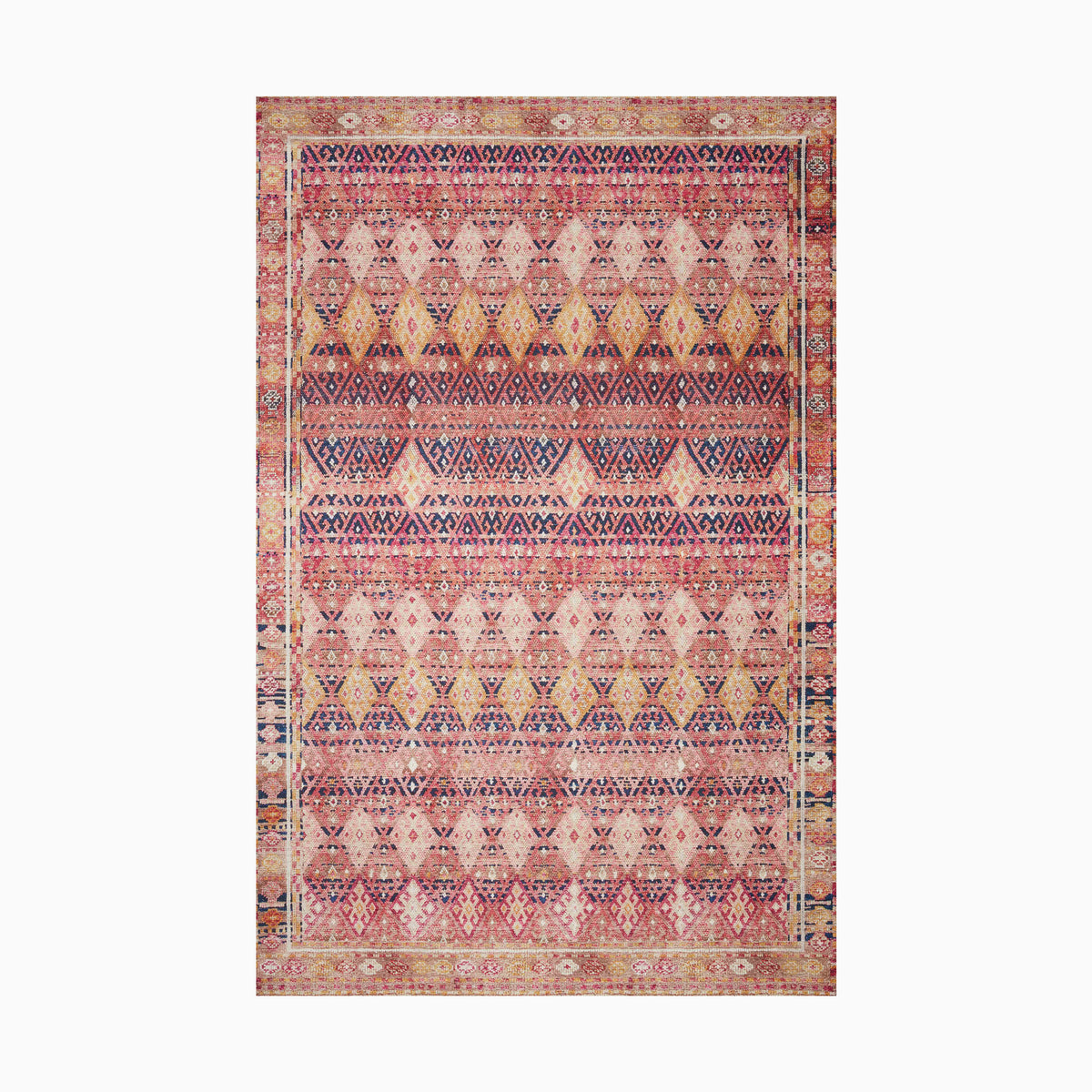 Bohemian-style power loomed rug made of polyester, featuring a vibrant diamond pattern in rich red, navy, and gold tones, creating a warm, eclectic look.