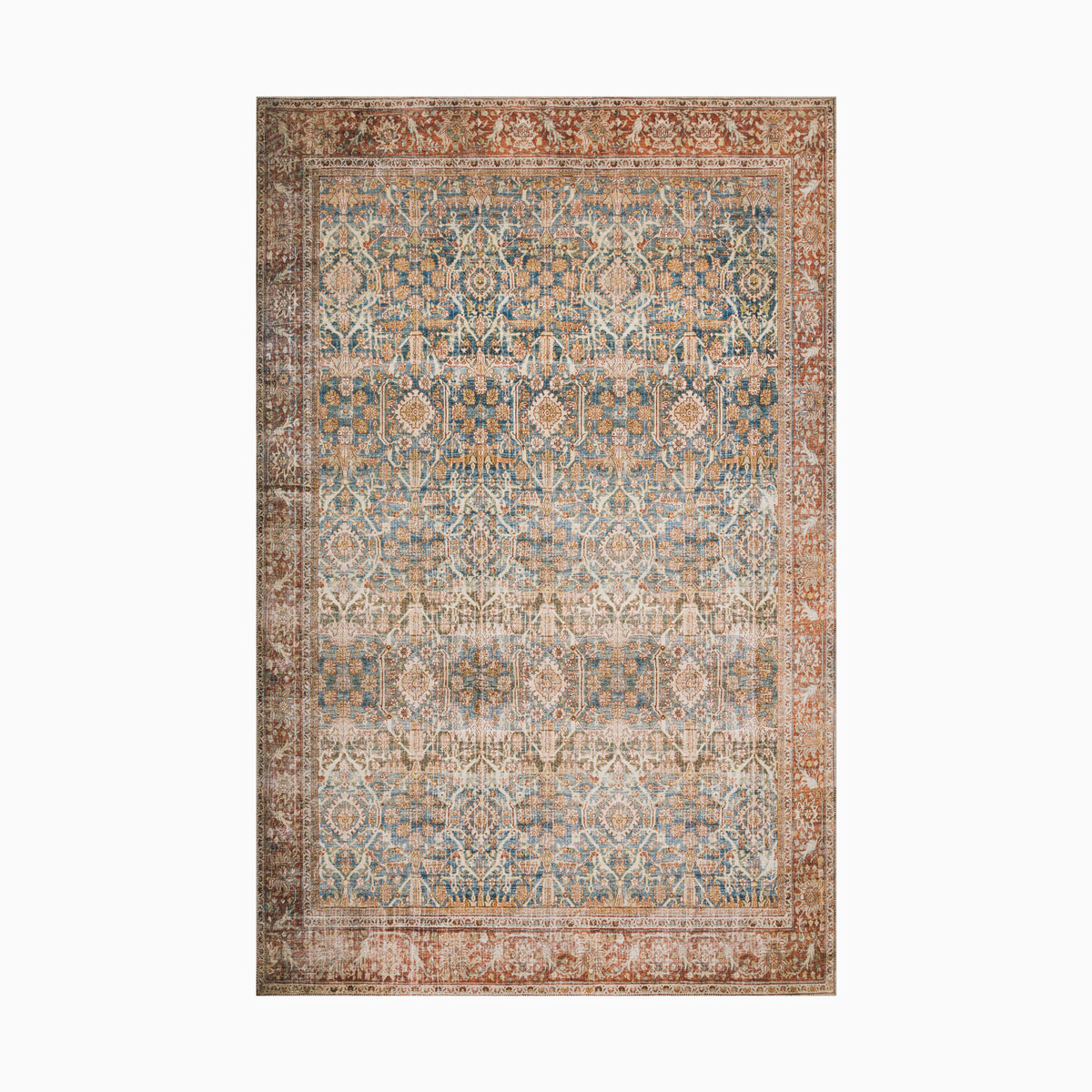 Distressed Persian-style power loomed rug made of polyester with intricate floral motifs in soft blue, beige, and rust tones, framed by an ornate faded border. 